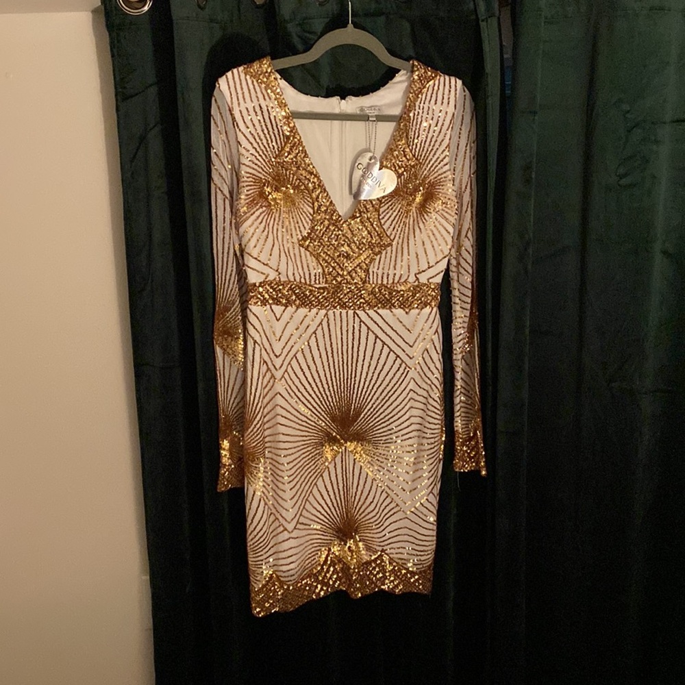 White/gold-sequined bodycon mini dress from ASOS. Perfect for partying!